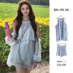 French halter neck off-shoulder top for women with niche design sense 2025 autumn new loose puff sleeve chiffon shirt