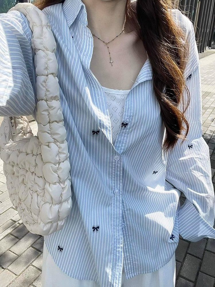 Bow embroidered blue striped shirt for women's autumn new loose long-sleeved sun protection top casual jacket