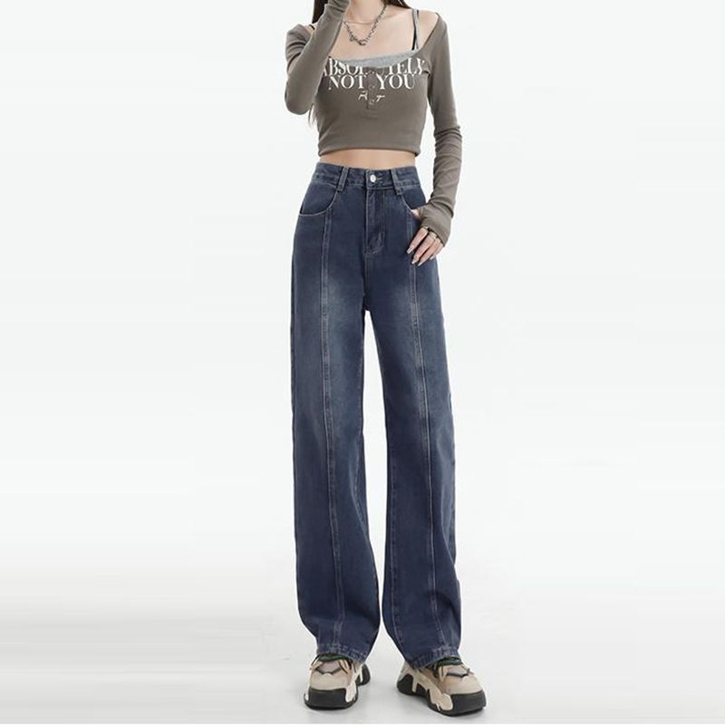 American-style straight jeans for women in spring and autumn loose straight slim and high waist casual floor-moving jeans