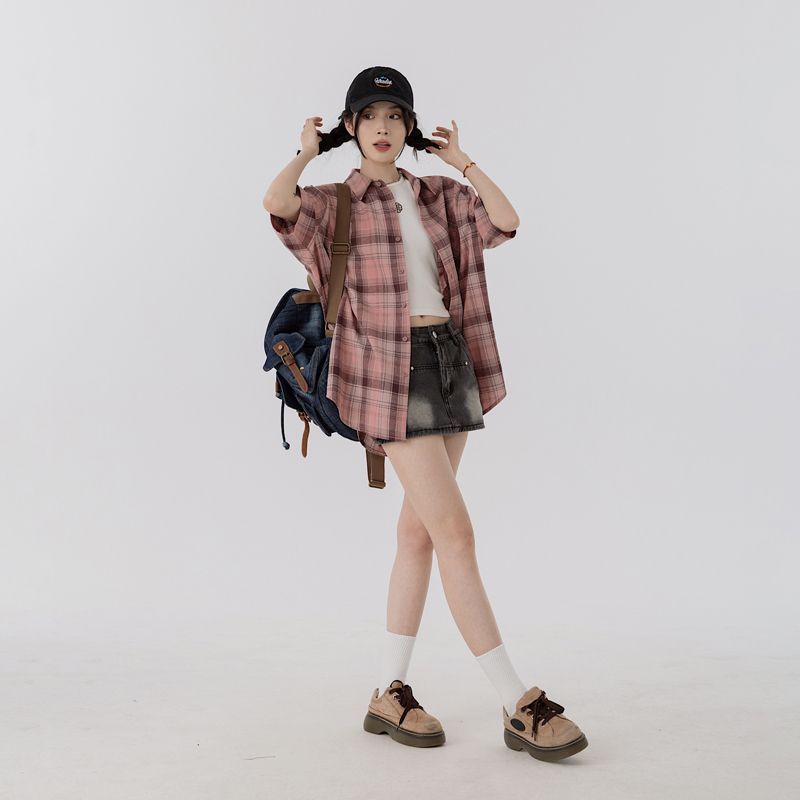 2025新款格子襯衫女夏季休閒設計感復古慵懶風短袖上衣薄款