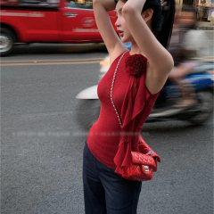 2025新款吊帶立體花朵裝飾爍銀無袖針織打底飄帶上衣女