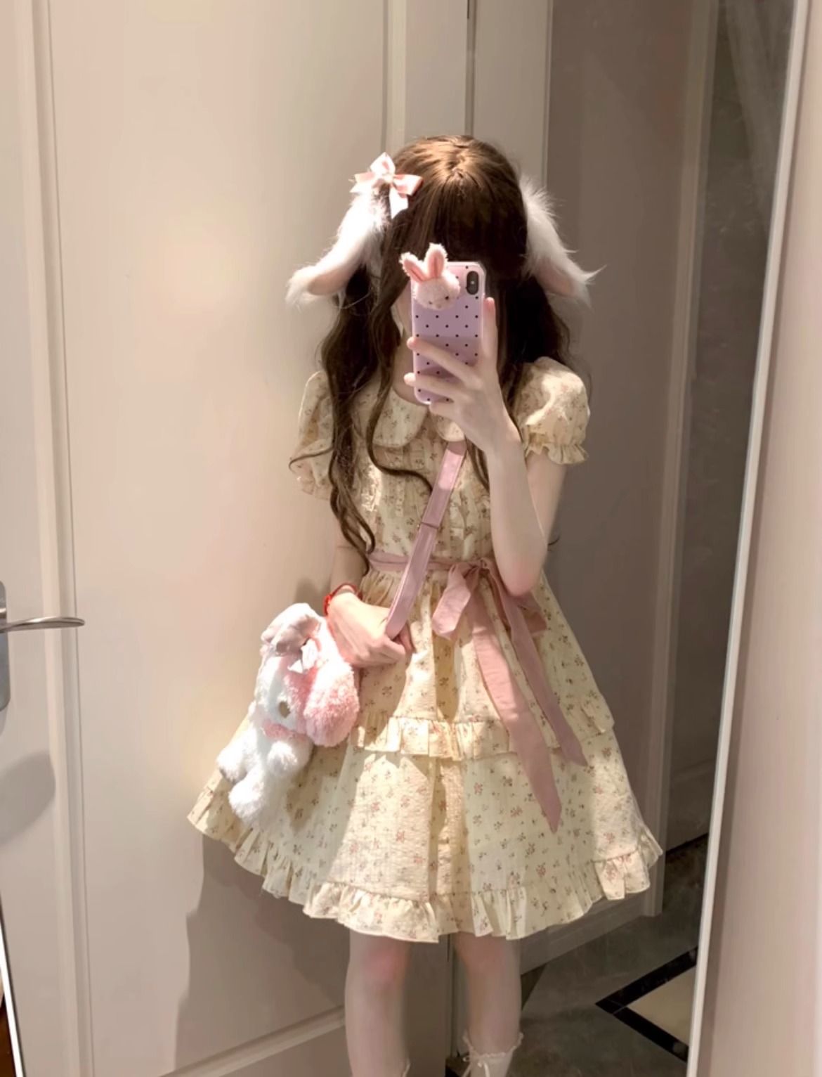 甜美碎花娃娃領連衣裙女夏季泡泡袖小個子公主蛋糕裙收腰蓬蓬裙子