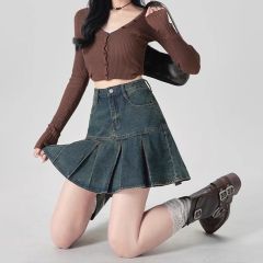 American retro washing denim skirt for women in summer new pleated design high waist cover hips to make them look slim A-line short skirt