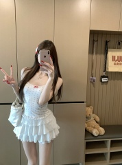 Real photo of white bow lace lace suspender vest cardigan two-piece set for women