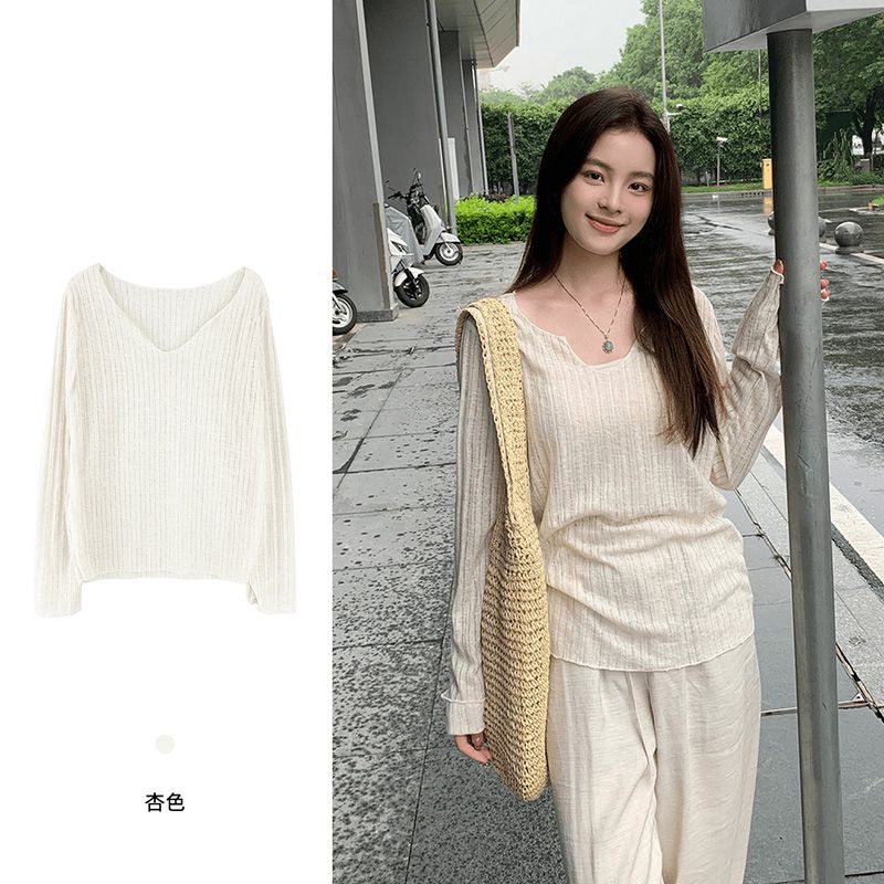 Sunscreen clothes, air conditioning blouse for women, thin, slightly transparent black ears, long-sleeved loose T-shirt top in summer