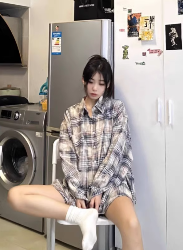 2025春秋美式復古格子襯衫女寬鬆百搭休閒開衫長袖翻領襯衣外套潮