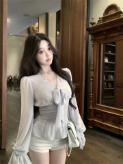 Real shot, new elastic waist lace-up pure chiffon top with inner strap