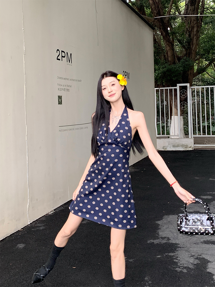 實拍 夢回西西里 法式掛脖連衣裙女氣質收腰連衣裙