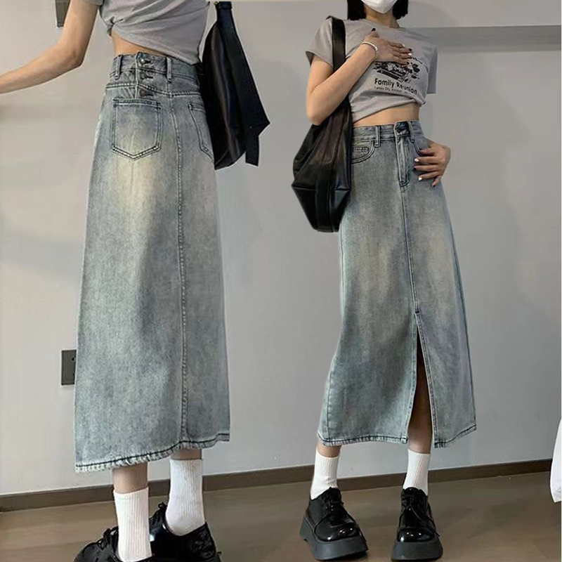 Light-colored slit denim skirt for women in spring and summer Korean style ins trendy large size versatile mid-length slit hip-covering A-line skirt