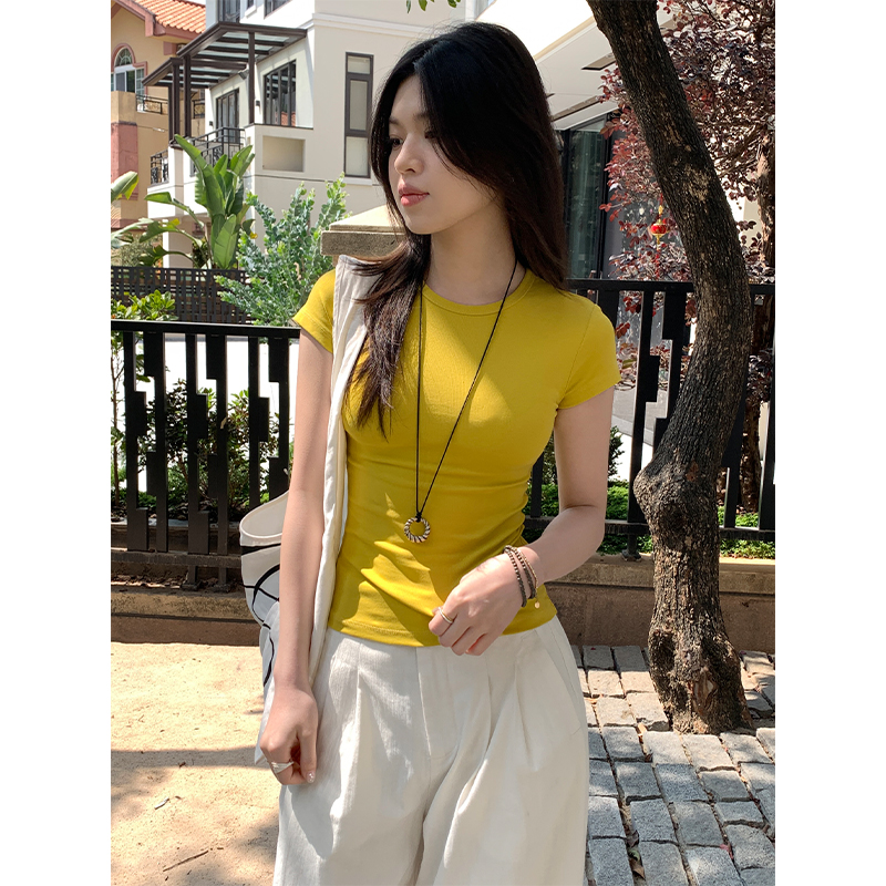 Real-life American hot girl yellow shoulder short-sleeved T-shirt new basic versatile tight waist top