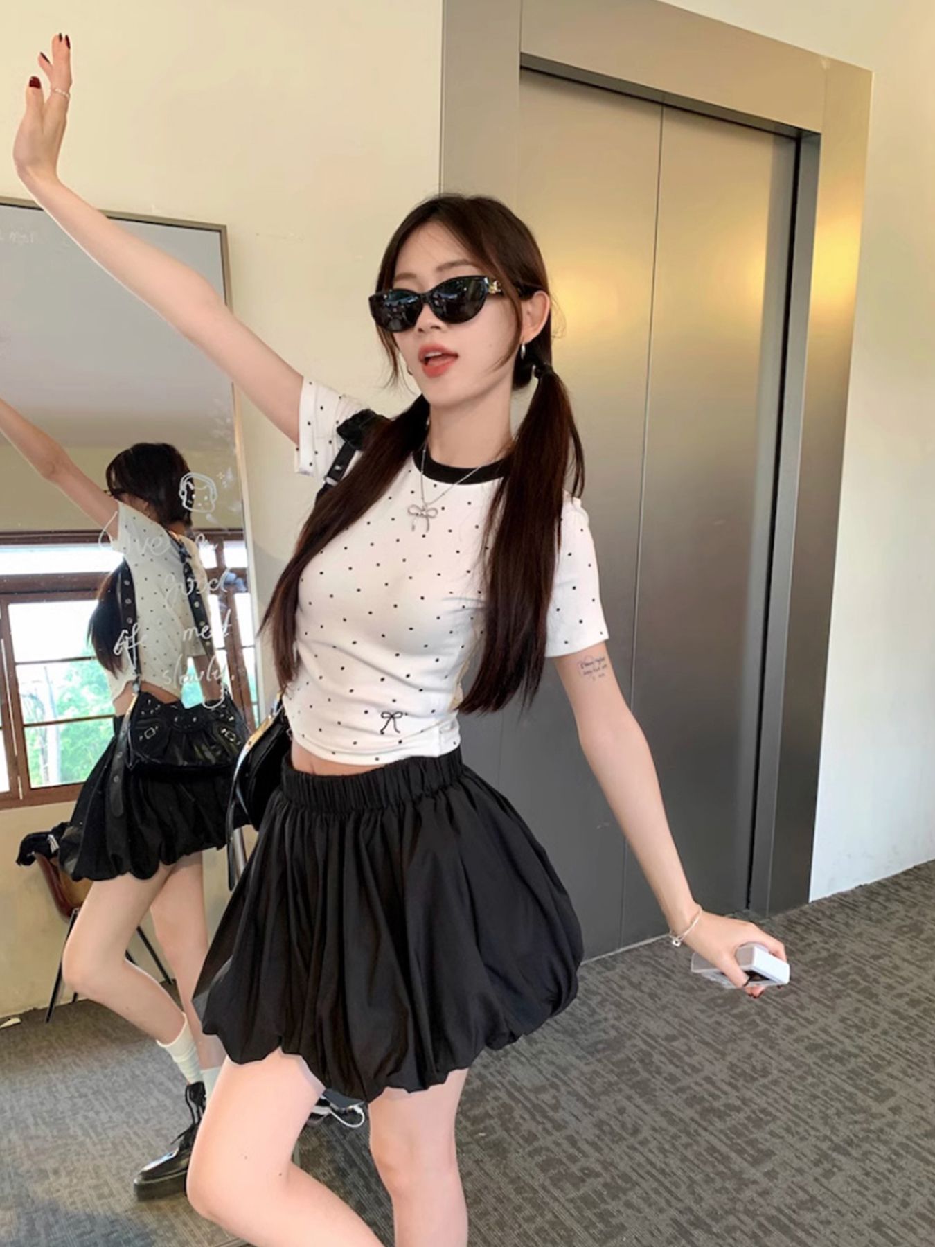Official picture 210g 40 1*1 pure cotton thread polka dot embroidered bow short-sleeved T-shirt for women in summer