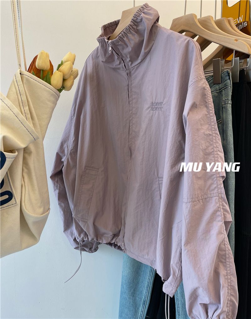 Korean purple white stand-up collar windbreaker for women spring embroidered loose windproof jacket ins