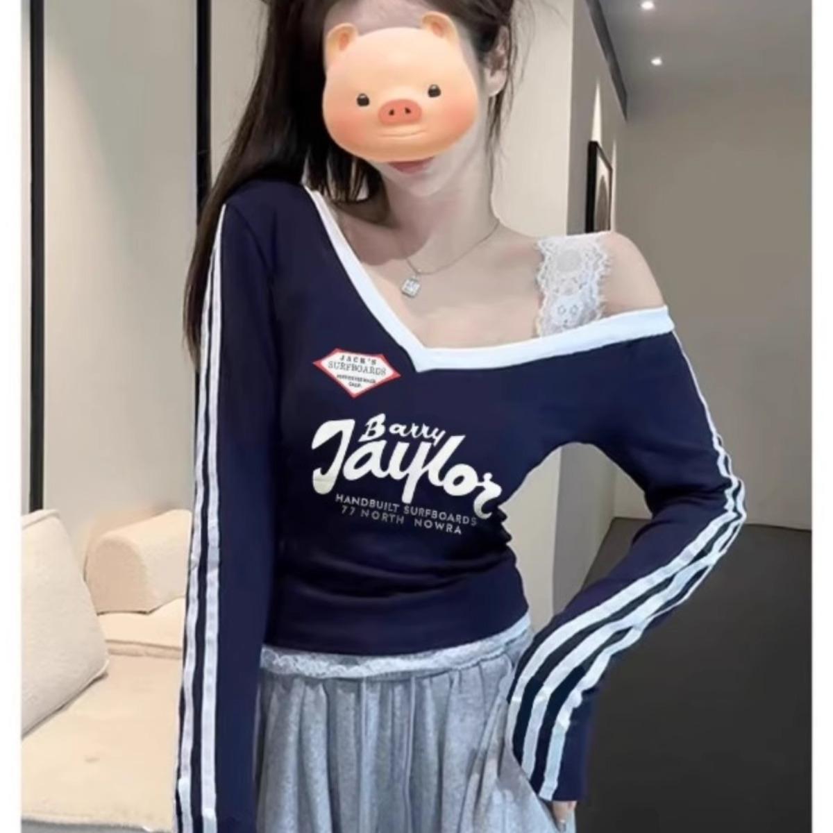 Korean cotton American style contrasting V-neck long-sleeved T-shirt fake two-piece spliced ​​lace off-shoulder slim bodysuit