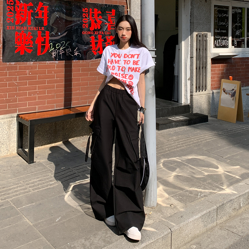American street black work pants 2025 spring new hip-hop slimming loose casual wide-leg straight pants