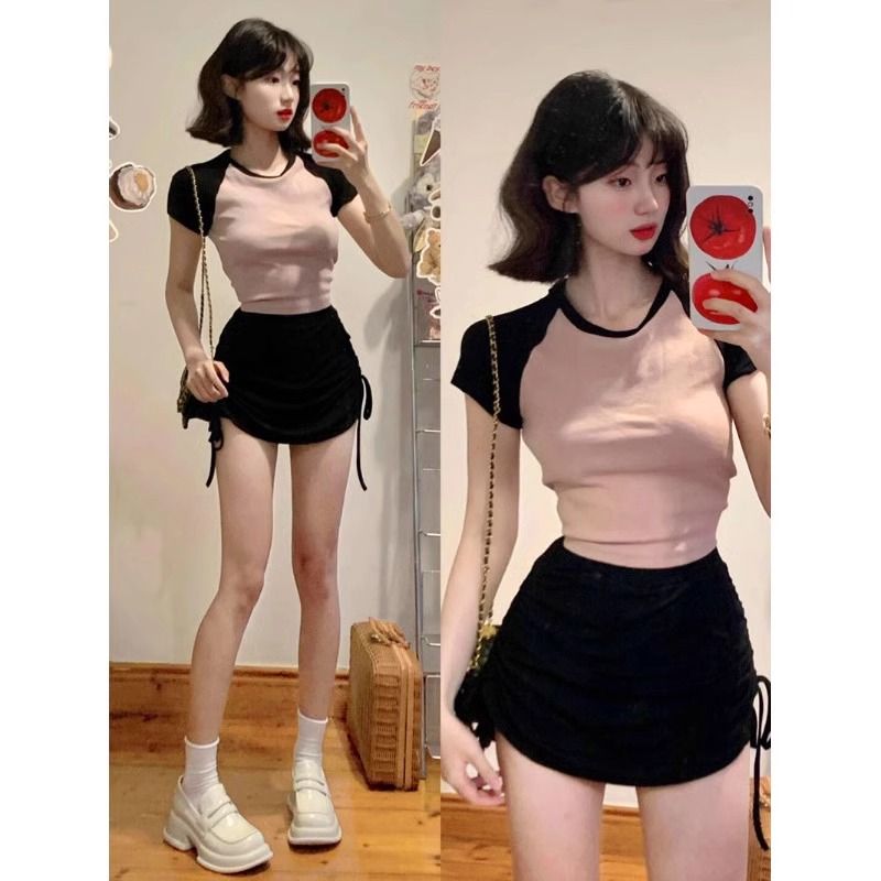Korean pure cotton high-waist short-sleeved T-shirt slim and slim summer new design niche color-blocking short top
