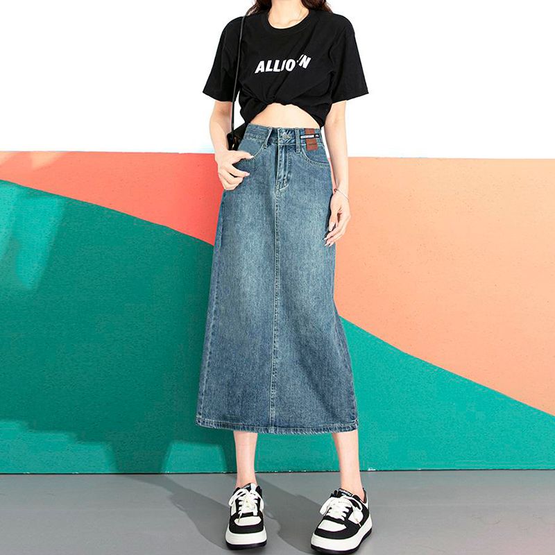 Korean style personalized design sense rear slit denim skirt for women in spring and summer new slim A-line hip jean skirt