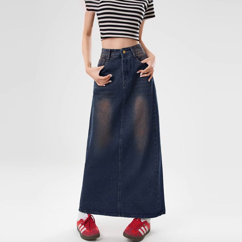 Hong Kong style versatile high-waisted A-line denim half-length skirt for women in spring and summer new style slim and high-slit hip-pack denim skirt
