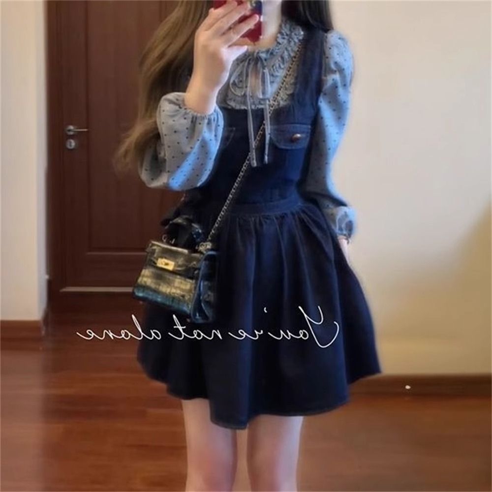 A complete set of women's loose retro bow denim strap dress with polka dot lace shirt