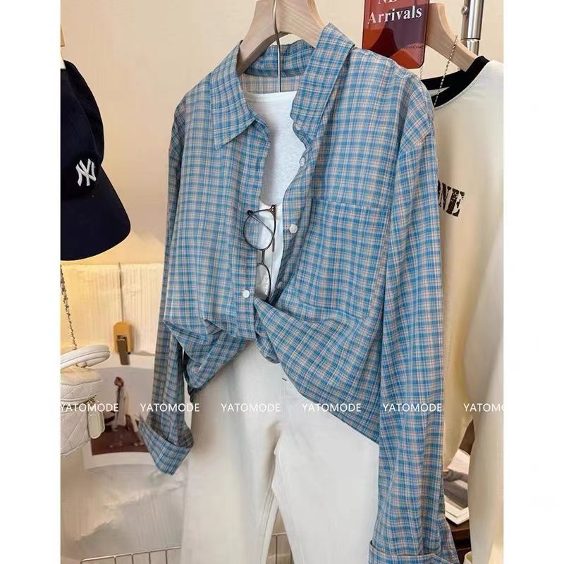 Pure cotton color plaid blue plaid shirt top for women 2025 spring and autumn thin casual shirt