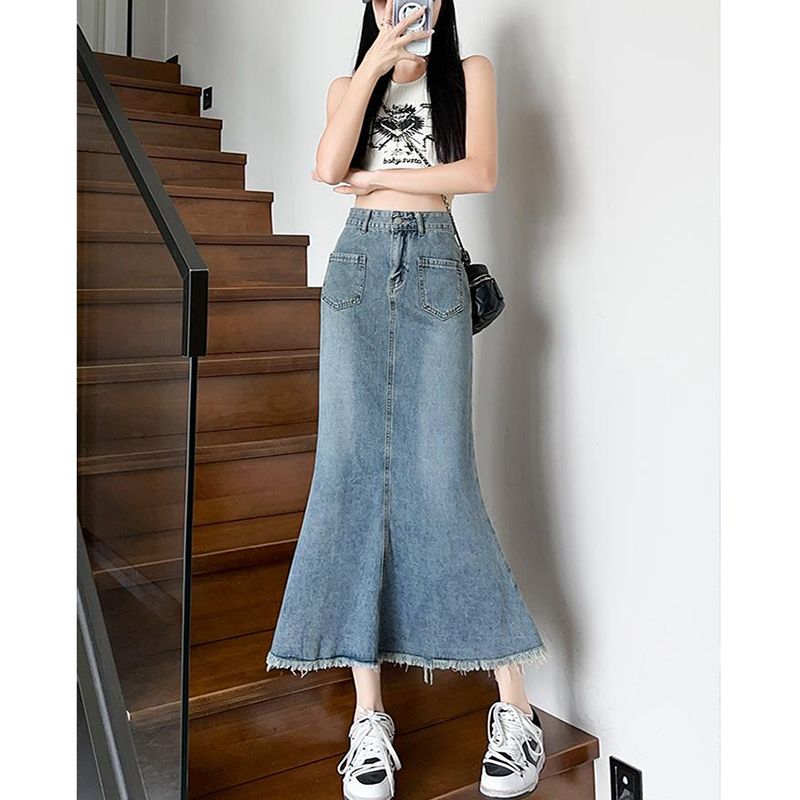 Korean style design-sensing denim skirt for women with slim hip skirt for spring and summer new high-waisted versatile fishtail denim skirt trendy
