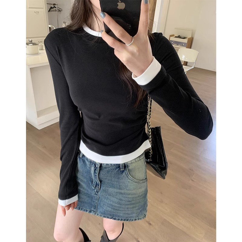 260g free-cut Korean contrasting color round neck pleated long-sleeved T-shirt for women in early autumn new slim fit slim base top