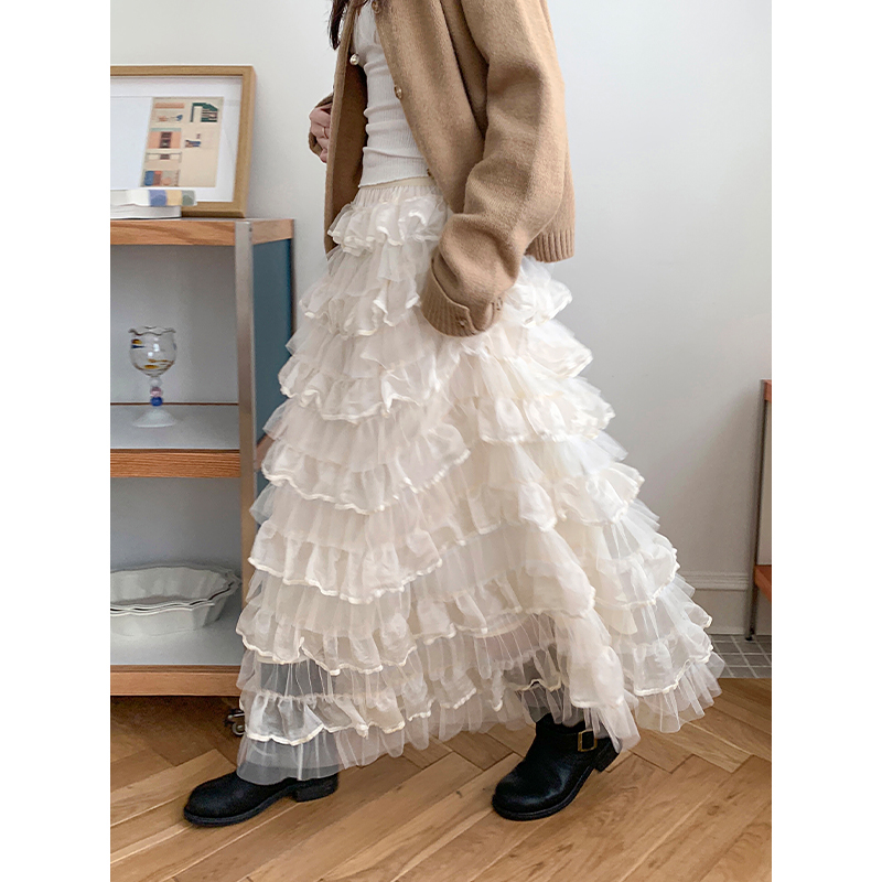 Real shot of fantasy ballet mesh fluffy cake skirt for women 2025 French romantic layered high waist slim skirt
