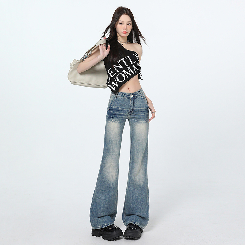 American hot girl wash creases slightly spicy wide-leg jeans for women 2025 spring new low waist straight slim trousers