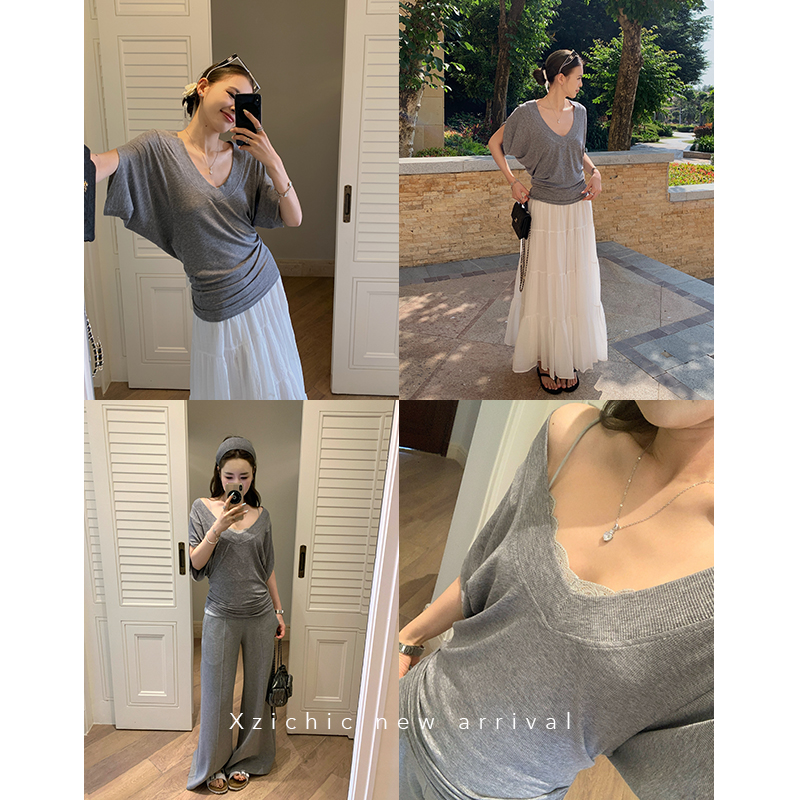 Korean new style lazy style loose slim V-neck short-sleeved T-shirt for women's base shirt Bat-sleeved shirt + vest