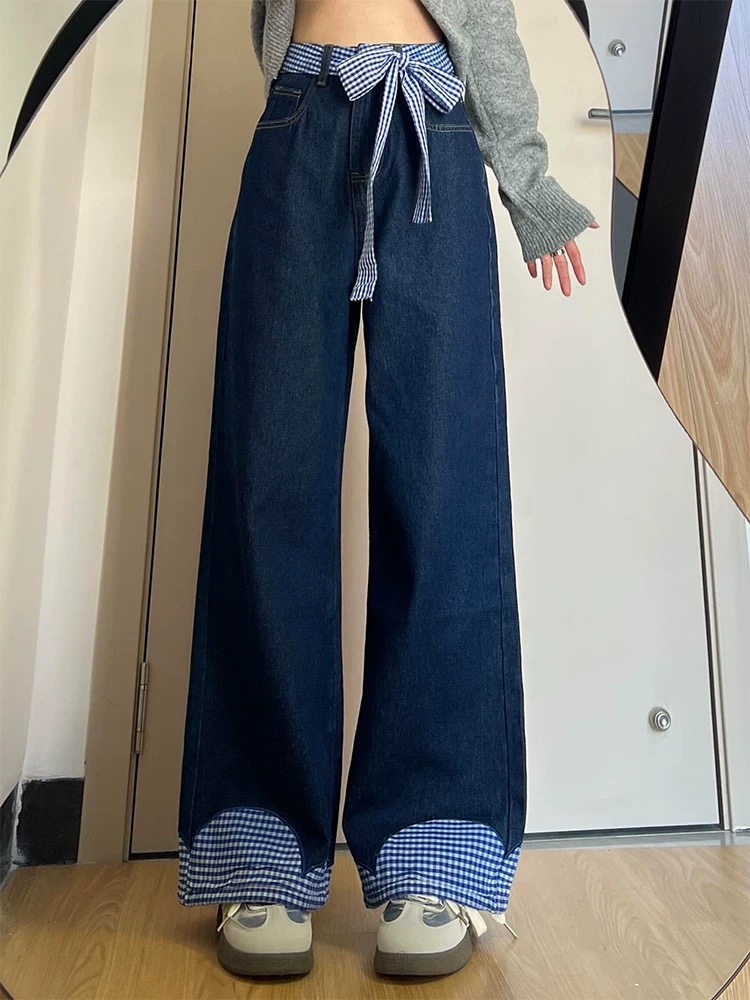 Korean bow tie spliced ​​wide-leg jeans for women's spring American retro draped plaid straight floor pants