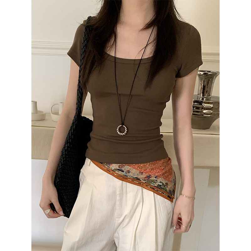 Real-life shots slimming waist-hugging solid color U-neck front shoulder short-sleeved T-shirt for women's new basic versatile casual top
