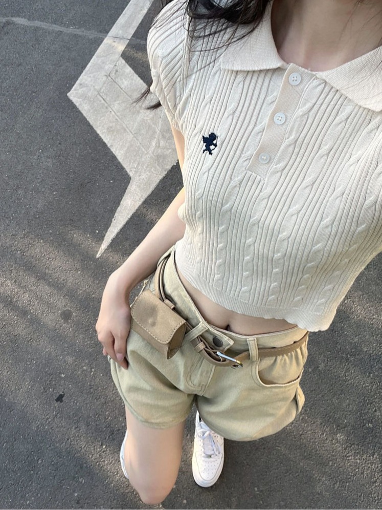 POLO領刺繡針織衫女裝夏季新款復古辣妹短款修身短袖露臍灰色上衣