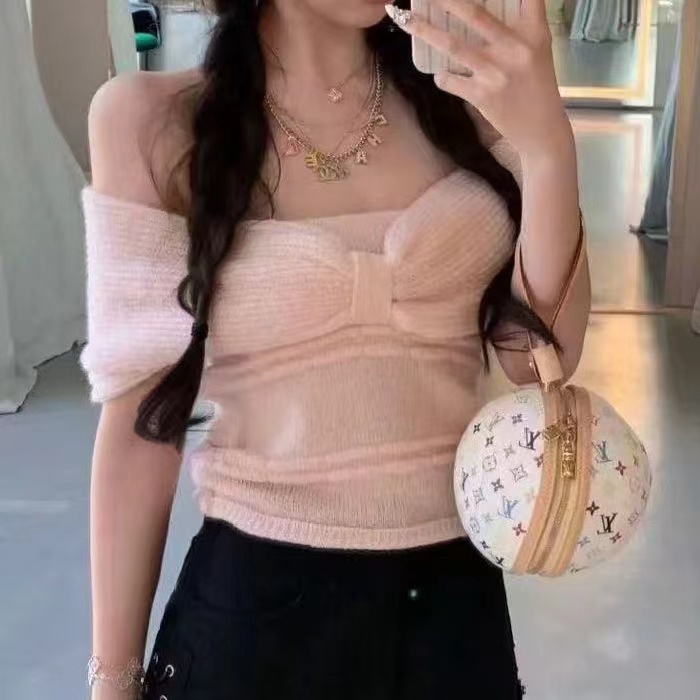 一字肩蝴蝶結短袖針織衫女夏季修身內搭純欲風辣妹緊身抹胸上衣