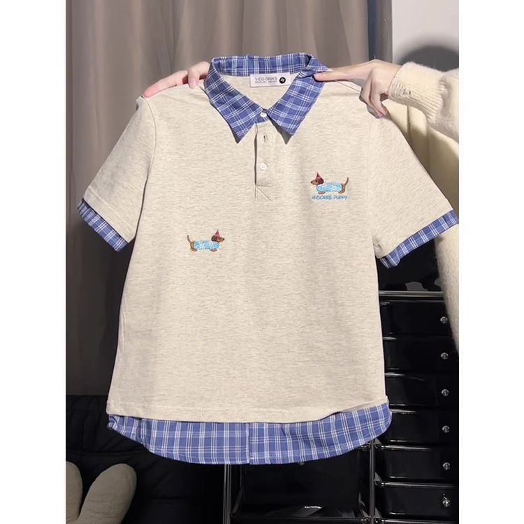 Pure cotton Korean chic spliced ​​embroidered short-sleeved T-shirt for women in summer new POLO collar loose slim base shirt