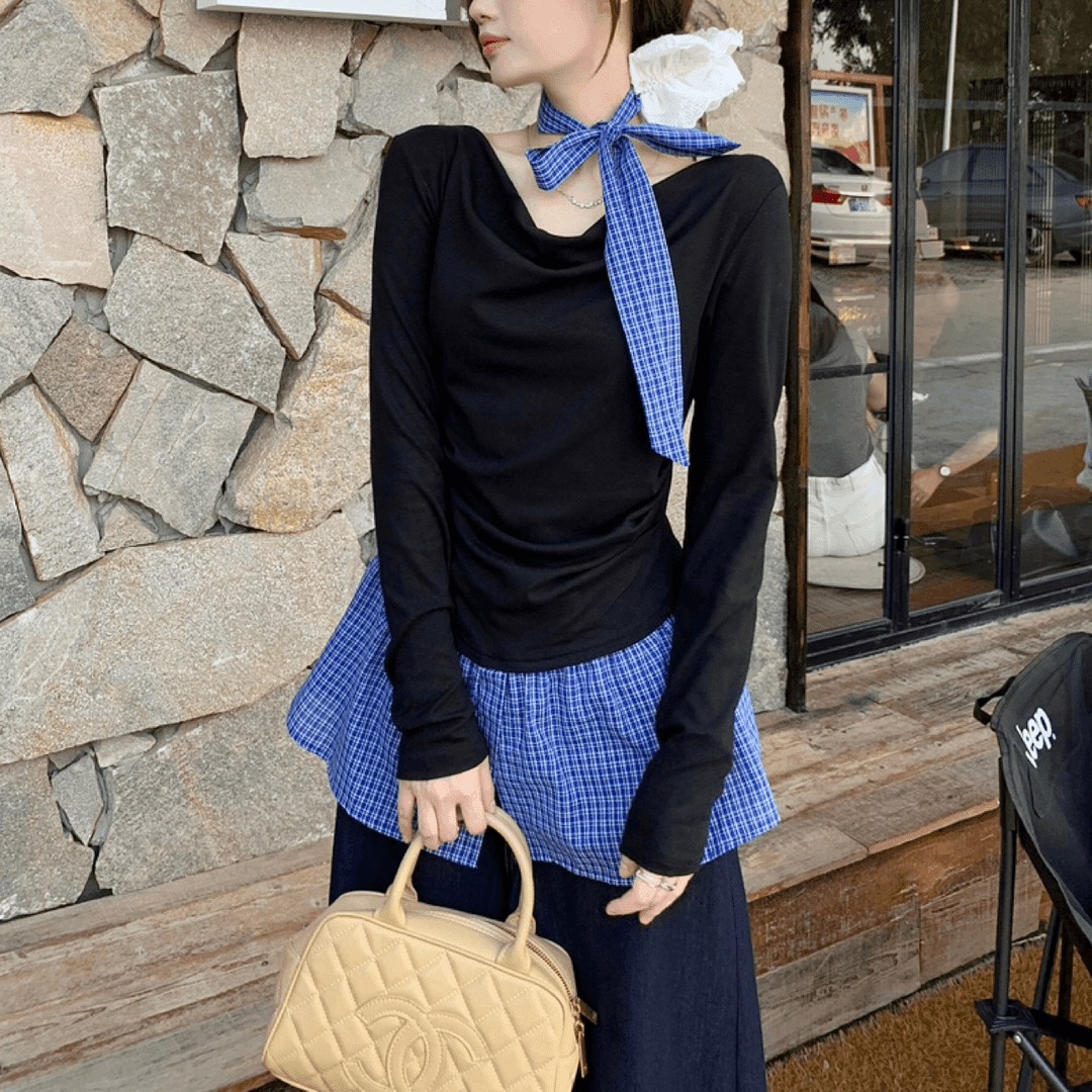 Korean chic autumn new versatile base shirt autumn and winter swinging neck lazy loose long-sleeved fake two-piece top streamer