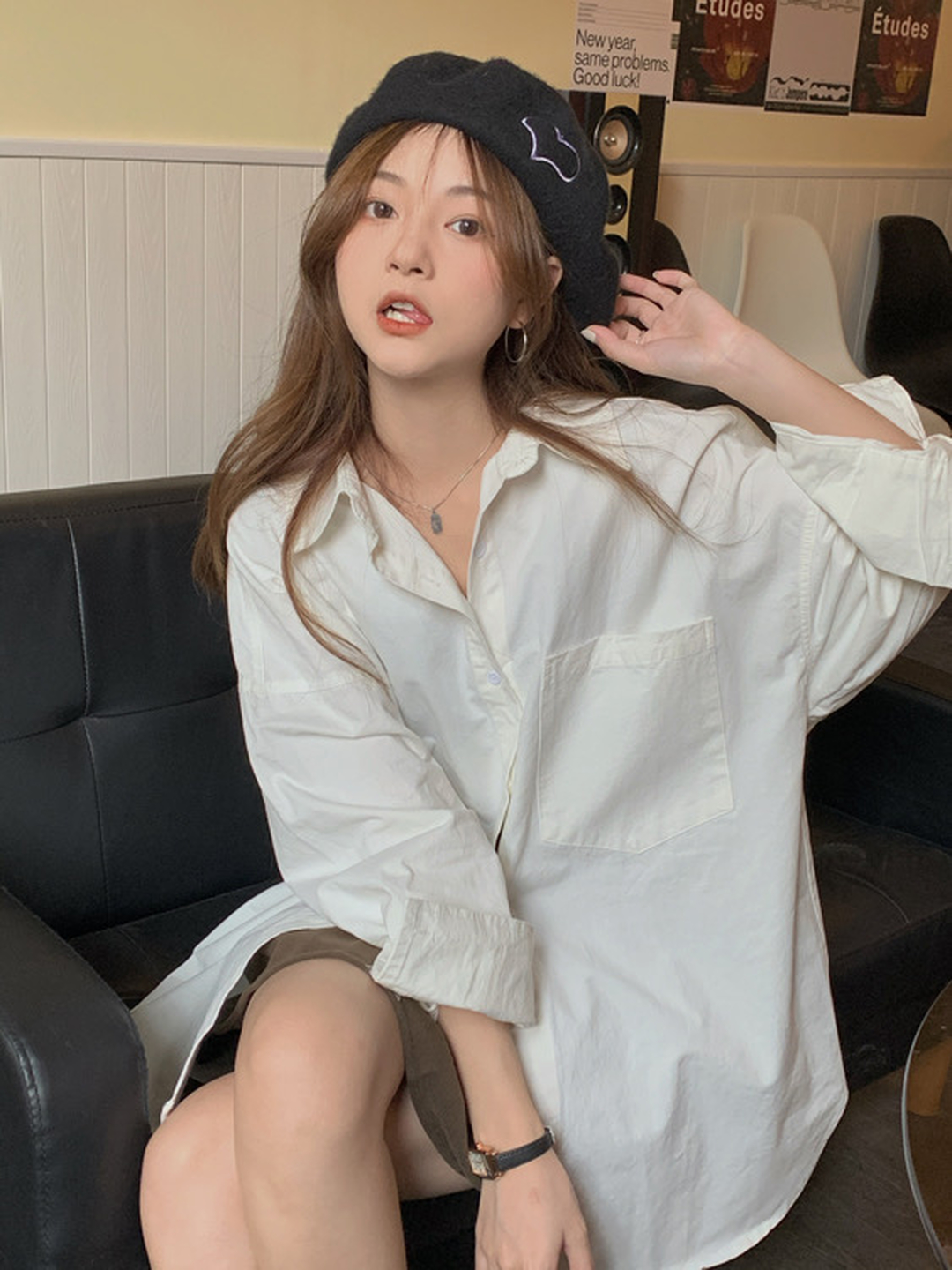 純欲休閒中長款顯瘦polo領襯衫女百搭寬鬆簡約純色慵懶風上衣