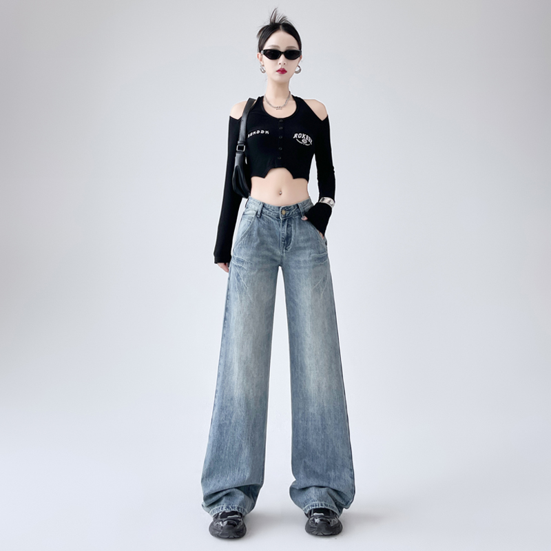 The new spring style is superb!  American retro low waist jeans women's loose slim and narrow version straight trousers floor trousers
