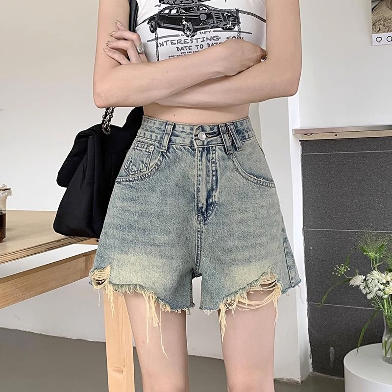 Street personality denim shorts for women in spring and summer new style slimming loose straight A-line wide-leg denim rosy hot pants