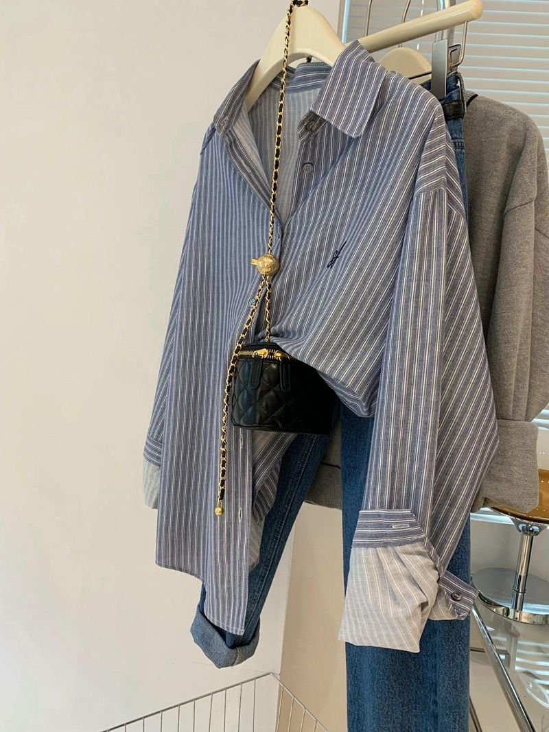 High-end French blue vertical striped shirt with feminine temperament and fashionable embroidered shirt