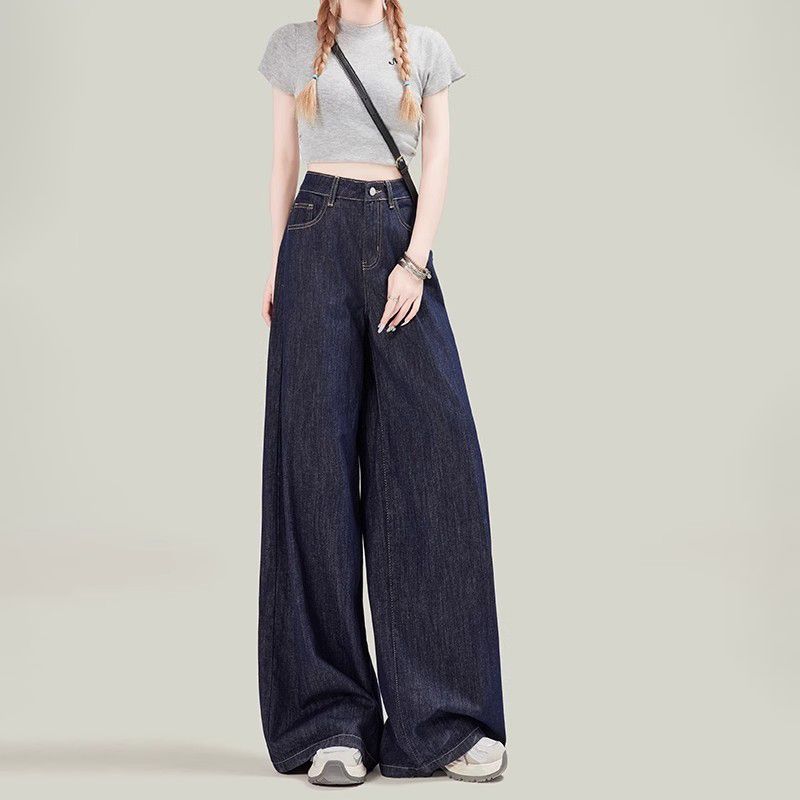 Dark blue high-waisted jeans for women in autumn new loose flesh covering to make them look slimming retro versatile drooping wide-leg pants trendy