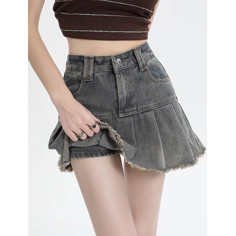 Hot girl retro fur edge denim skirt for women in summer new style old design high waist belly slim pleated skirt