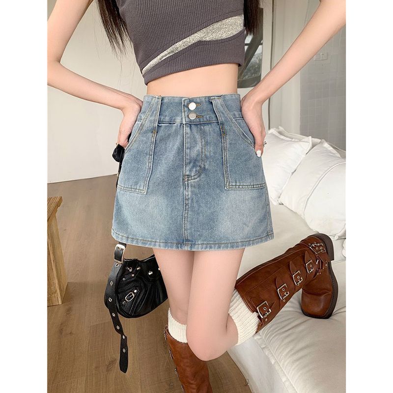 Hot girl retro ins denim skirt skirt women spring and summer new high-waist slim hip A-line denim skirt