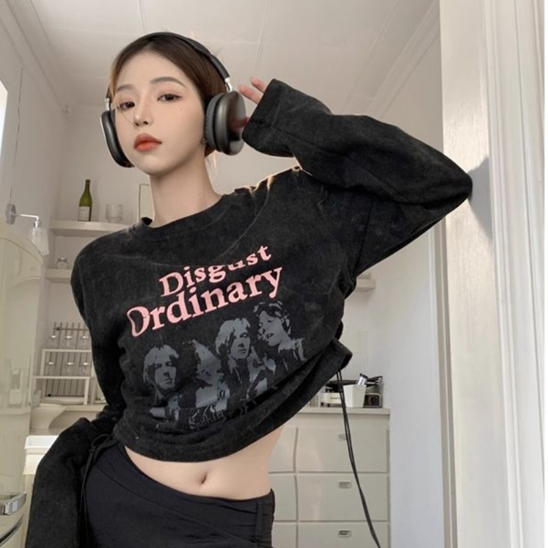 +Original method of niche retro couple short-sleeved T-shirt hot girl navel-exposed base shirt