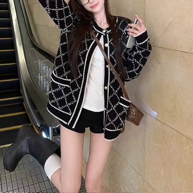 高級感超好看針織開衫外套女秋冬季小香風設計感撞色菱格長袖毛衣
