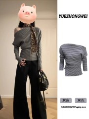 撞色條紋不規則斜肩長袖T恤女2025早春新款修身露肩開春穿搭上衣