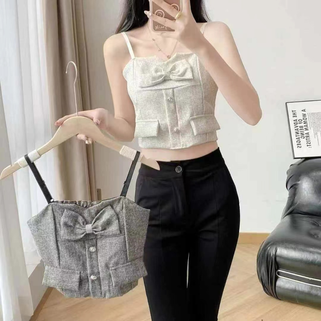 小香風氣質蝴蝶結小吊帶背心女春季新款修身辣妹內搭外穿短款上衣