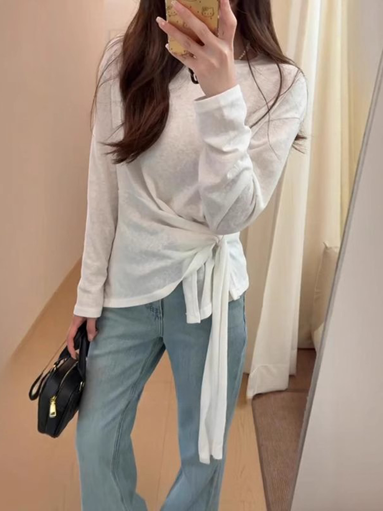 韓國chic韓系設計感綁帶收腰白色長袖t恤女別致寬鬆休閒打底上衣