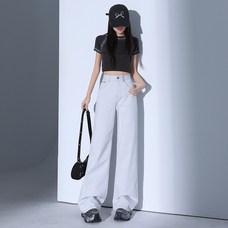 Gray white and cold ~ Avocado green + tea and apricot color + high-end gray and white loose wide-leg denim high-waist straight-leg pants