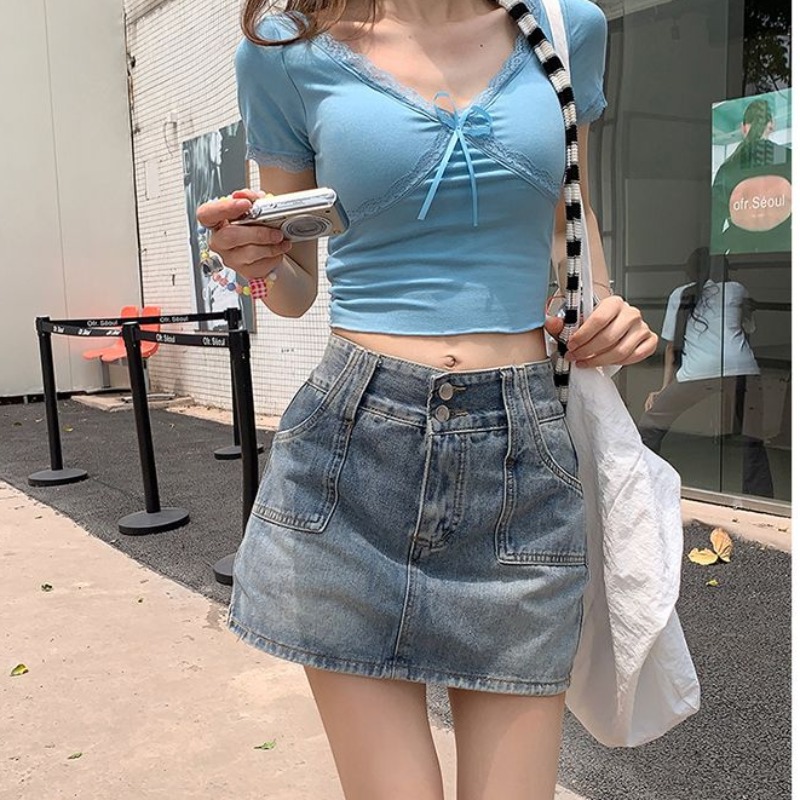 Pure and simple denim skirt for women in spring and summer new high-waisted slim hip A-line denim skirt