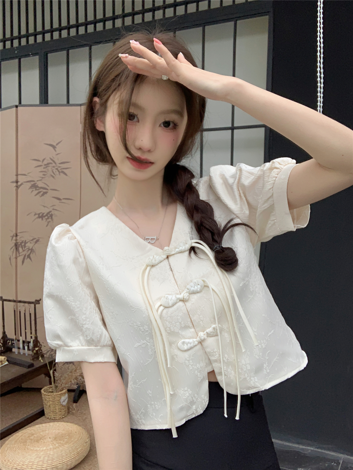 Real photo Chinese retro button short-sleeved shirt for women in summer design niche small short top