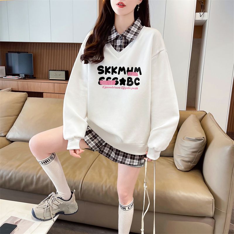 實拍 格子polo領假兩件衛衣女新款春秋季洋氣減齡寬鬆設計感上衣